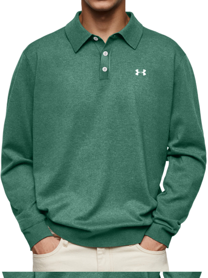 2025-Men's casual and comfortable solid color lapel long-sleeved POLO shirt