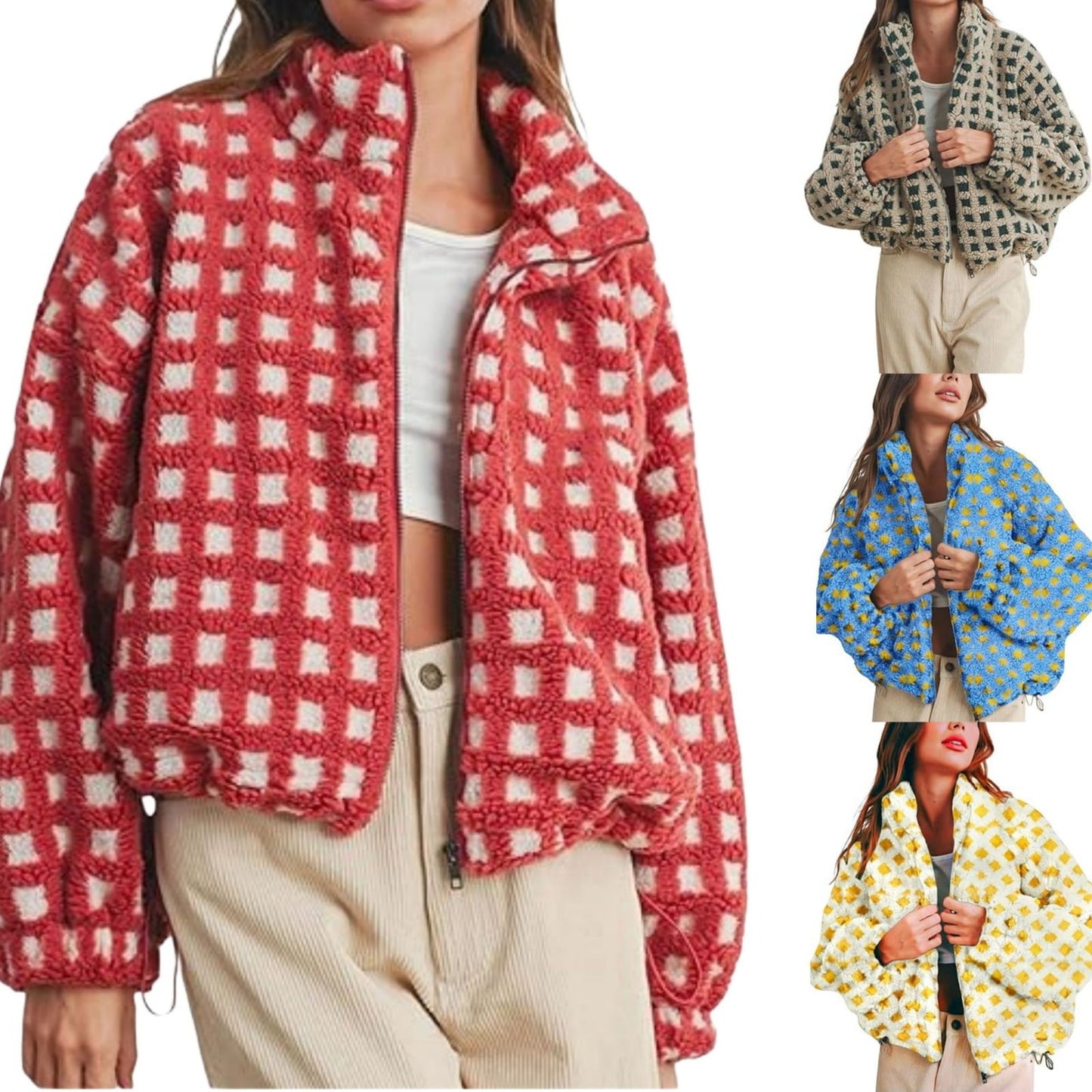 Women's Plaid Sherpa Jacket, Fashion Casual Loose Fit Coat, Warm Fuzzy Lamb Wool Shacket for Fall Winter Outwear