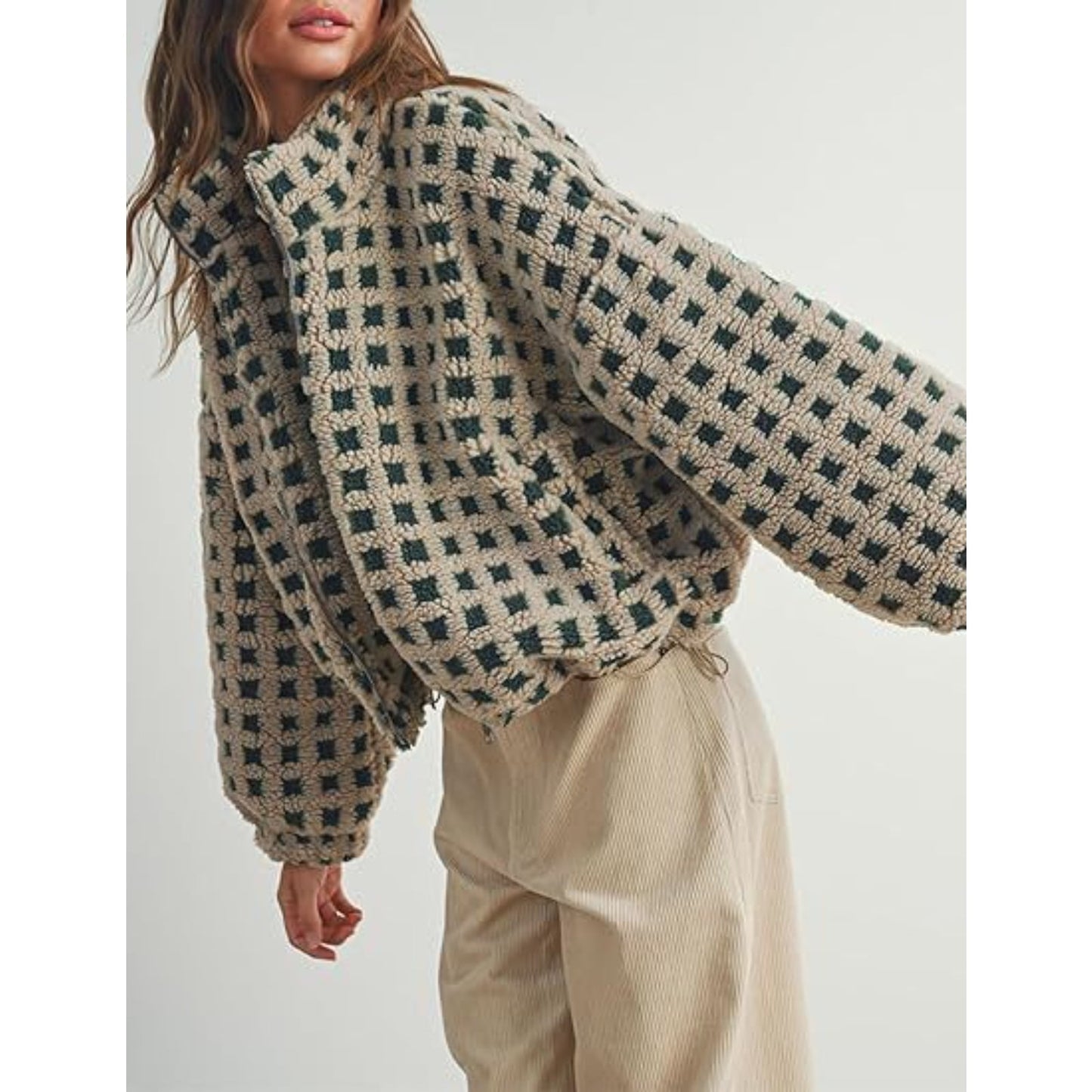 Women's Plaid Sherpa Jacket, Fashion Casual Loose Fit Coat, Warm Fuzzy Lamb Wool Shacket for Fall Winter Outwear