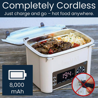🔥 Cordless Heated Lunchbox – Battery-Powered, 4-Cup Capacity, 220°F Max, Automatic Scheduled Heating