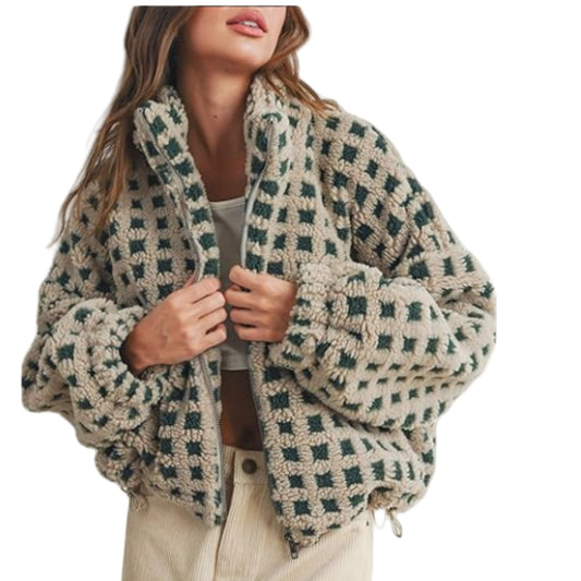 Women's Plaid Sherpa Jacket, Fashion Casual Loose Fit Coat, Warm Fuzzy Lamb Wool Shacket for Fall Winter Outwear
