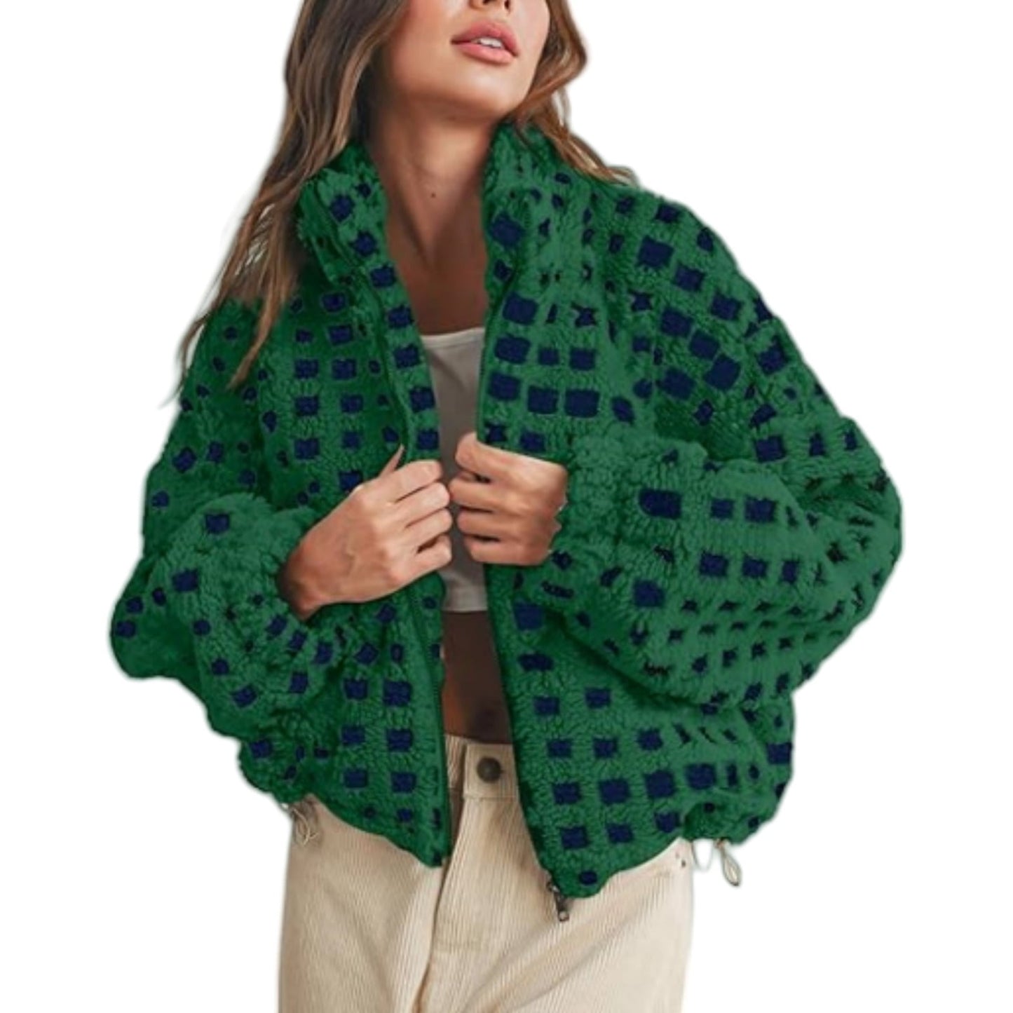 Women's Plaid Sherpa Jacket, Fashion Casual Loose Fit Coat, Warm Fuzzy Lamb Wool Shacket for Fall Winter Outwear