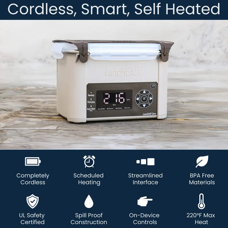 🔥 Cordless Heated Lunchbox – Battery-Powered, 4-Cup Capacity, 220°F Max, Automatic Scheduled Heating